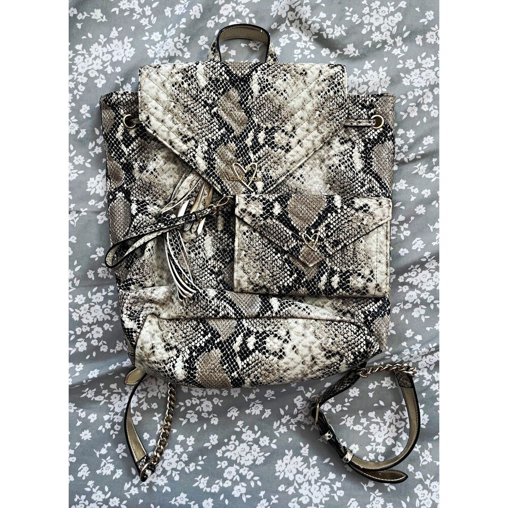 Victoria's Secret Python Snake Print Flap Backpack Drawstring & Wallet Set Gold - Picture 1 of 8